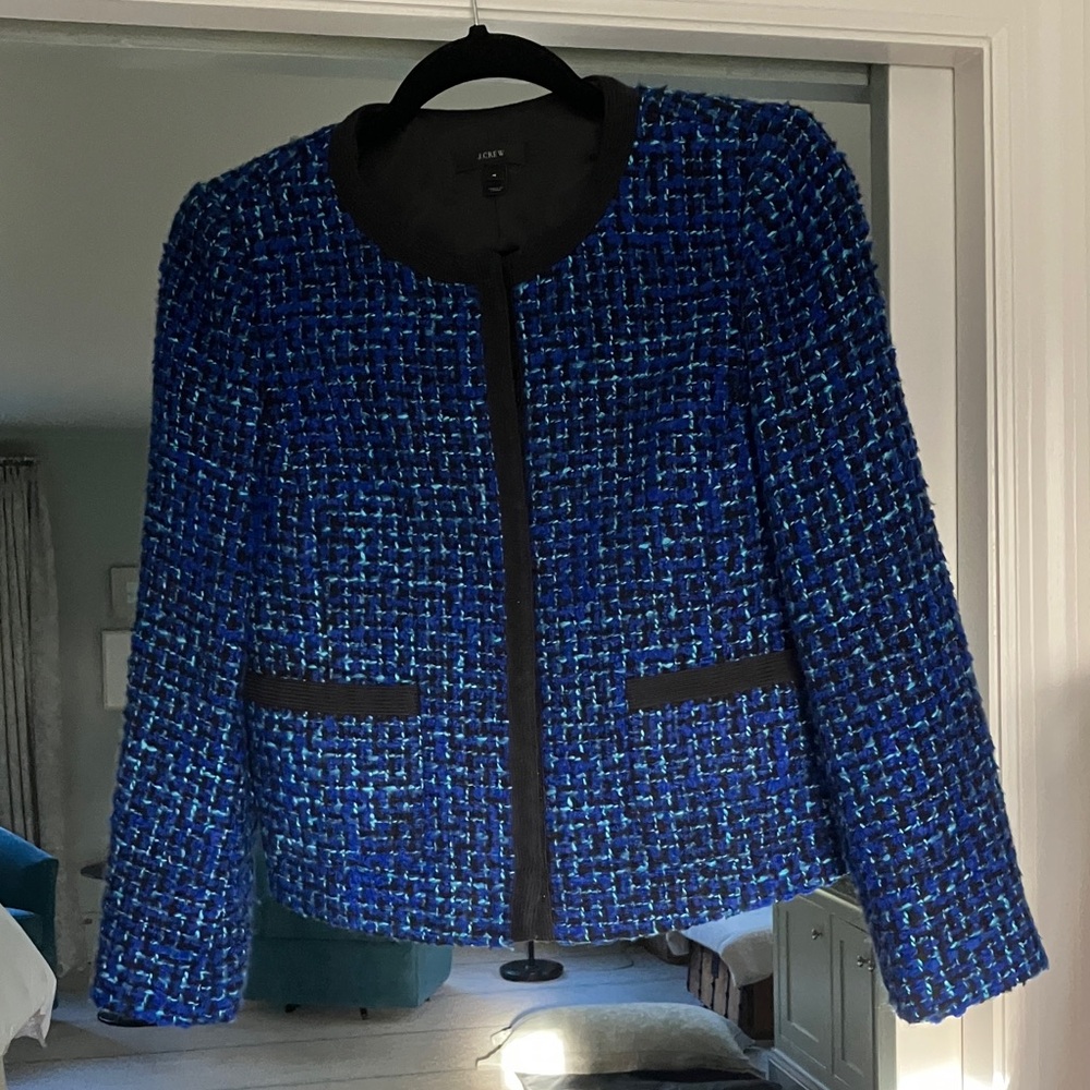 J. Crew Blue and Black Tweed Cropped Jacket with 3/4 sleeves